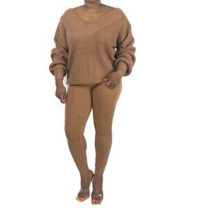 Women's Zenana Two Piece V-Neck Sweater & Moto Legging Set - Brown